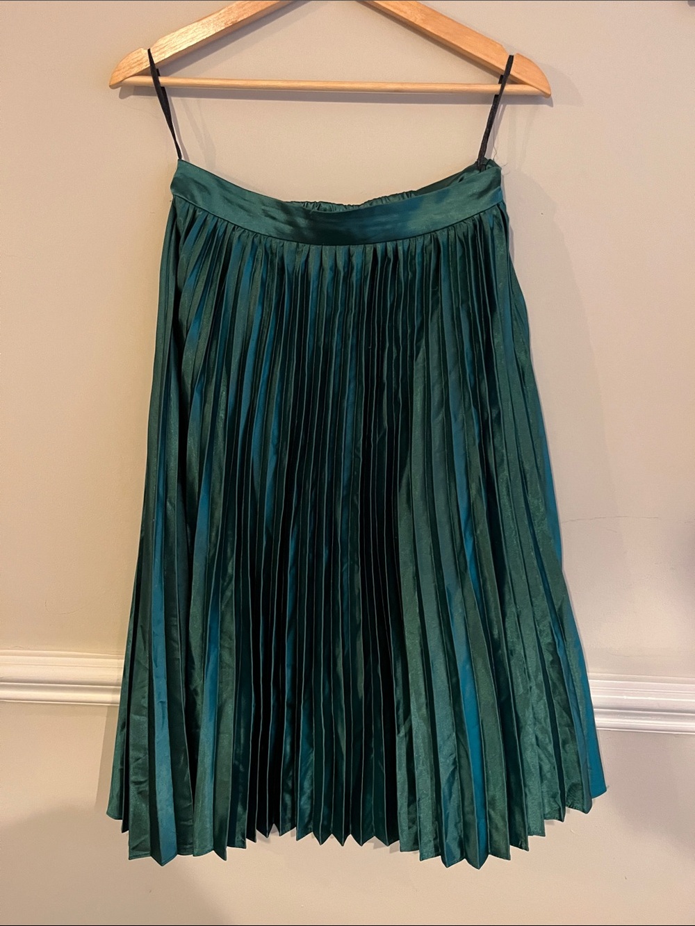 Satin Emerald Pleated A-Line Midi Skirt